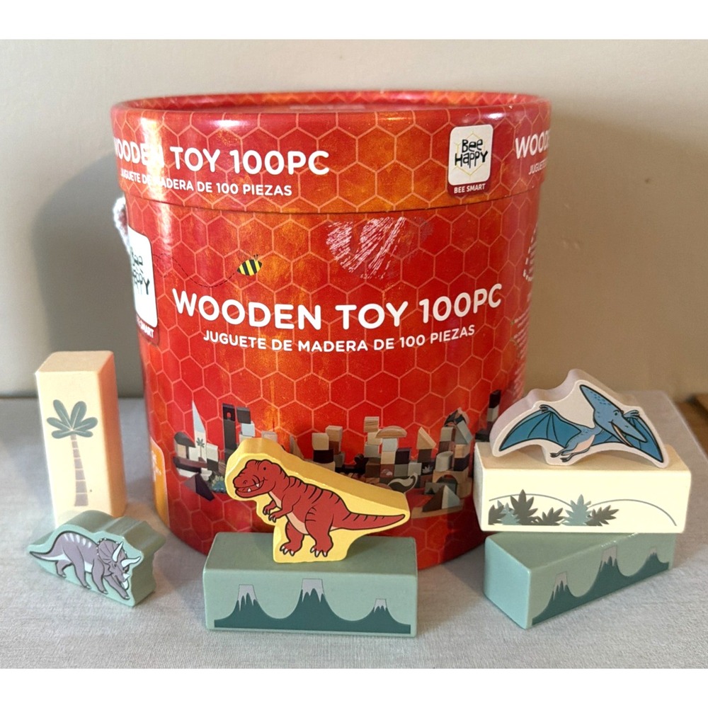 Bee Happy Bee Smart 100 Pc Wooden Dinosaur Building Block Set - Natural Colors